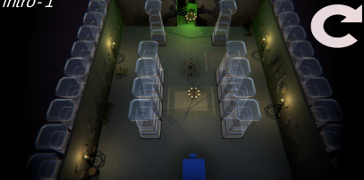 Screenshot waar je van bovenaf in een donkere kamer kijkt met rijen van transparante pilaren en de ninja in het midden